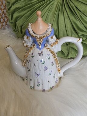 vintage MCM figural ceramic teapot shaped like a lady in a purple Gown